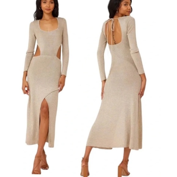 knee length dresses for ladies Sahara Gold Metallic Knit Side Splits Maxi Dress